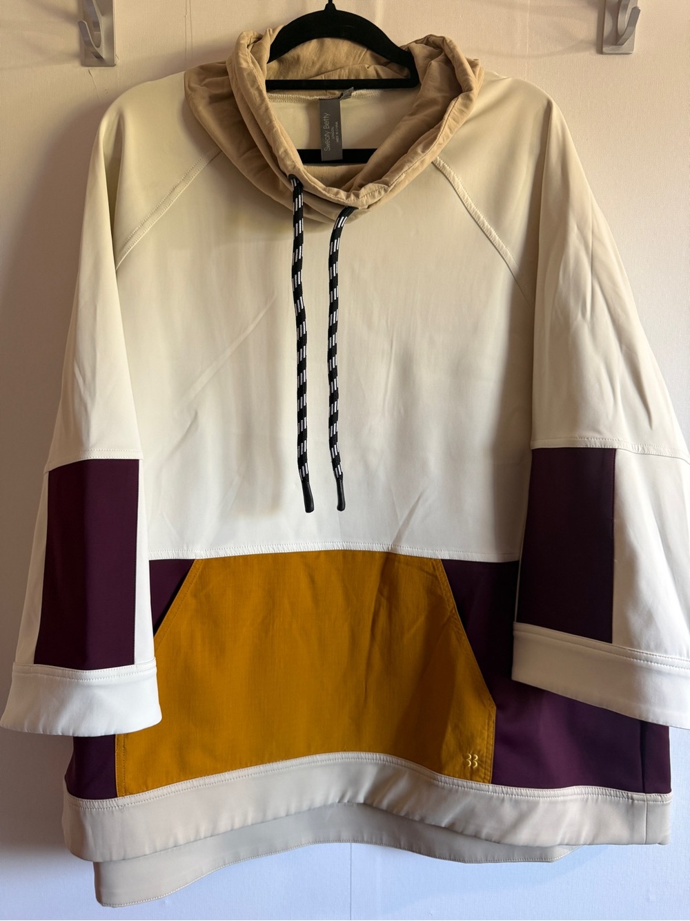 Sweaty Betty L Colorblock Cowl Neck Oversized Pullover Cream Plum Mustard
